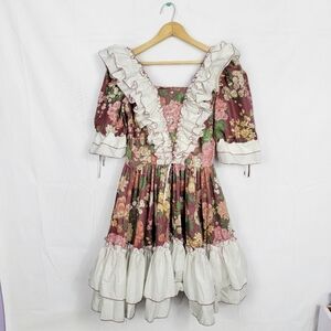 Women's Size 8 Vintage Cottagecore Prarie Dress Floral Ruffle Lace Trim Boho